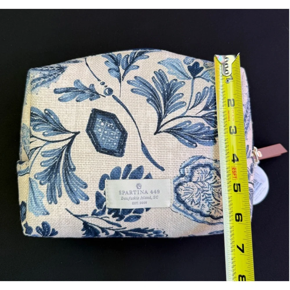 Spartina 449 Floral Linen Cosmetic Bag Blue Cream Toile Makeup Pouch Travel Case